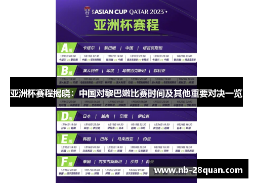 亚洲杯赛程揭晓：中国对黎巴嫩比赛时间及其他重要对决一览